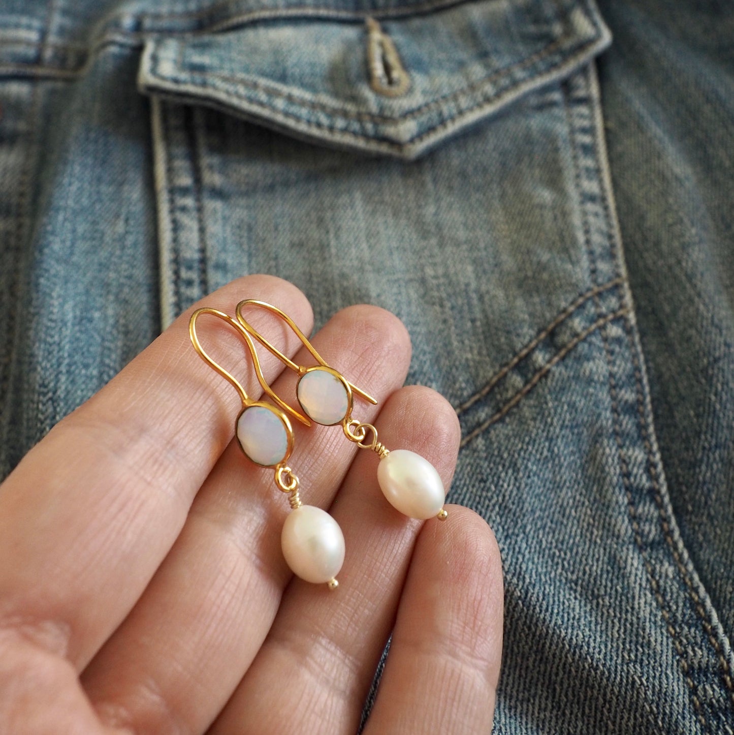 White Opal and Pearl Earrings