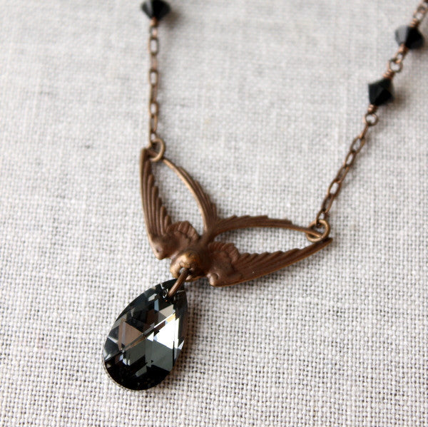 Swoop - Brass Swallow and Black Diamond Crystal Necklace