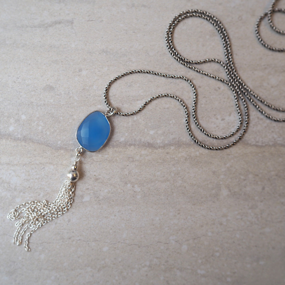 Oxidized Sterling Silver Long Chain with Blue Chalcedony