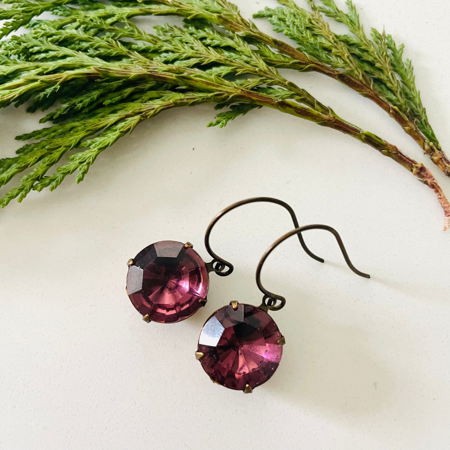 Round Purple Amethyst Vintage Rhinestone Earrings