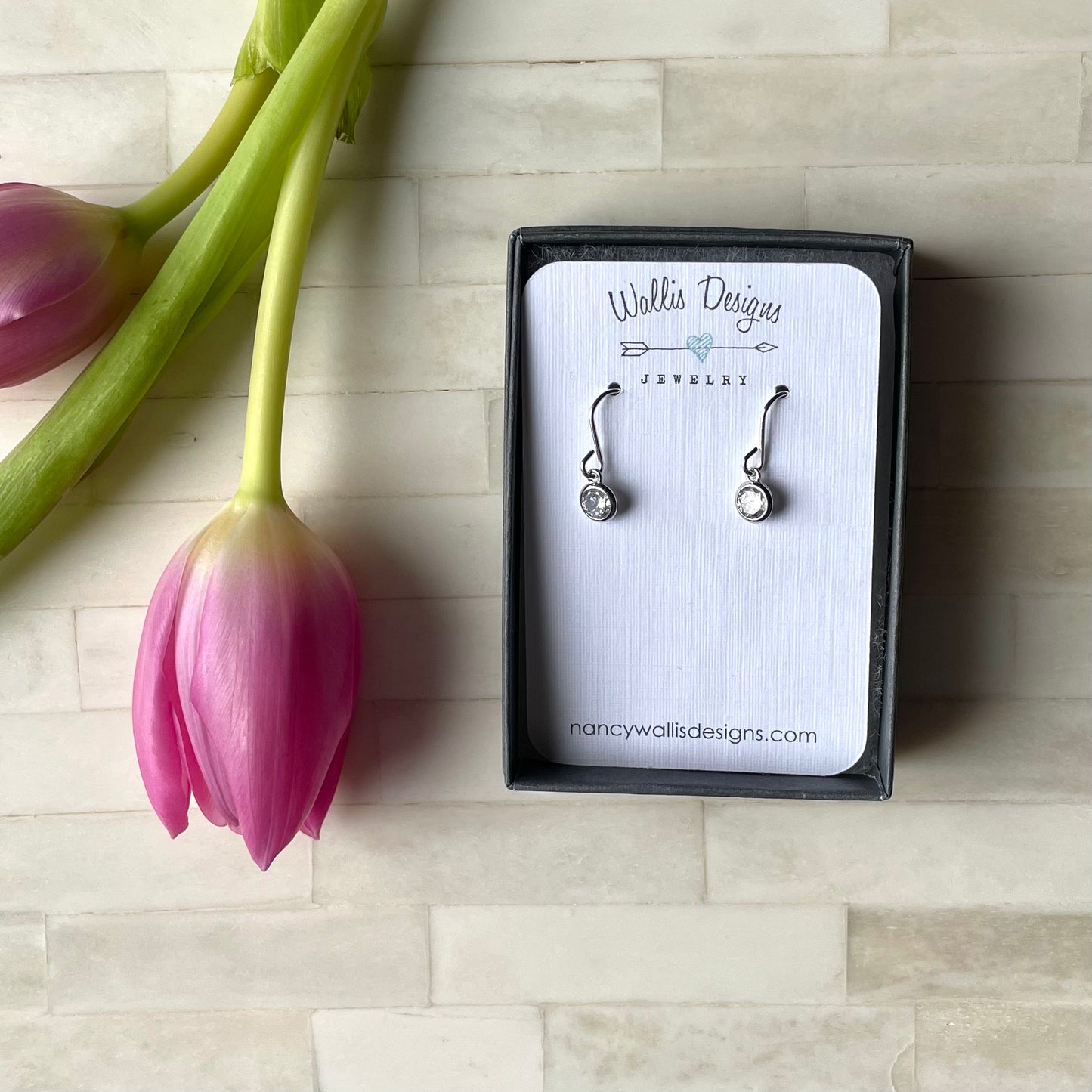 Cubic zirconia earrings. Dainty April birthstone earrings. Made in Canada.