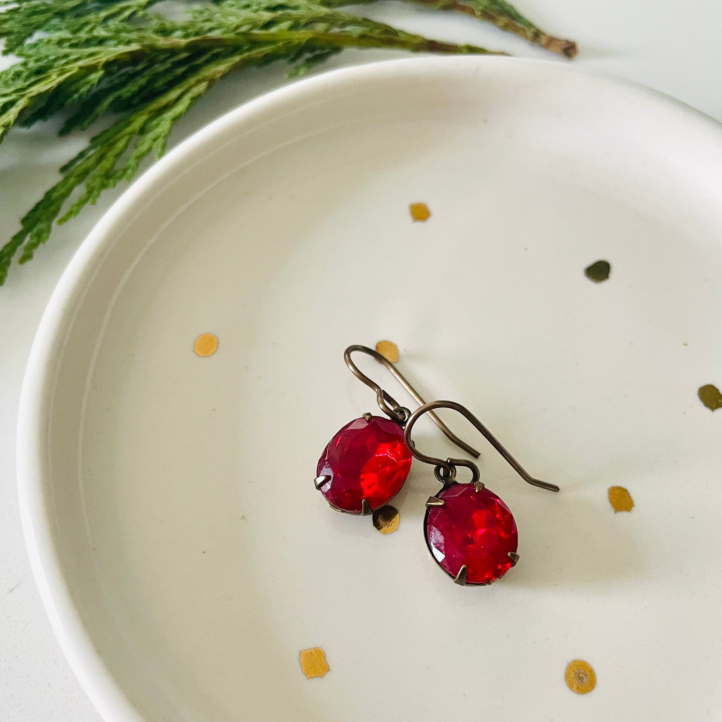 Red Oval Vintage Rhinestone Earrings