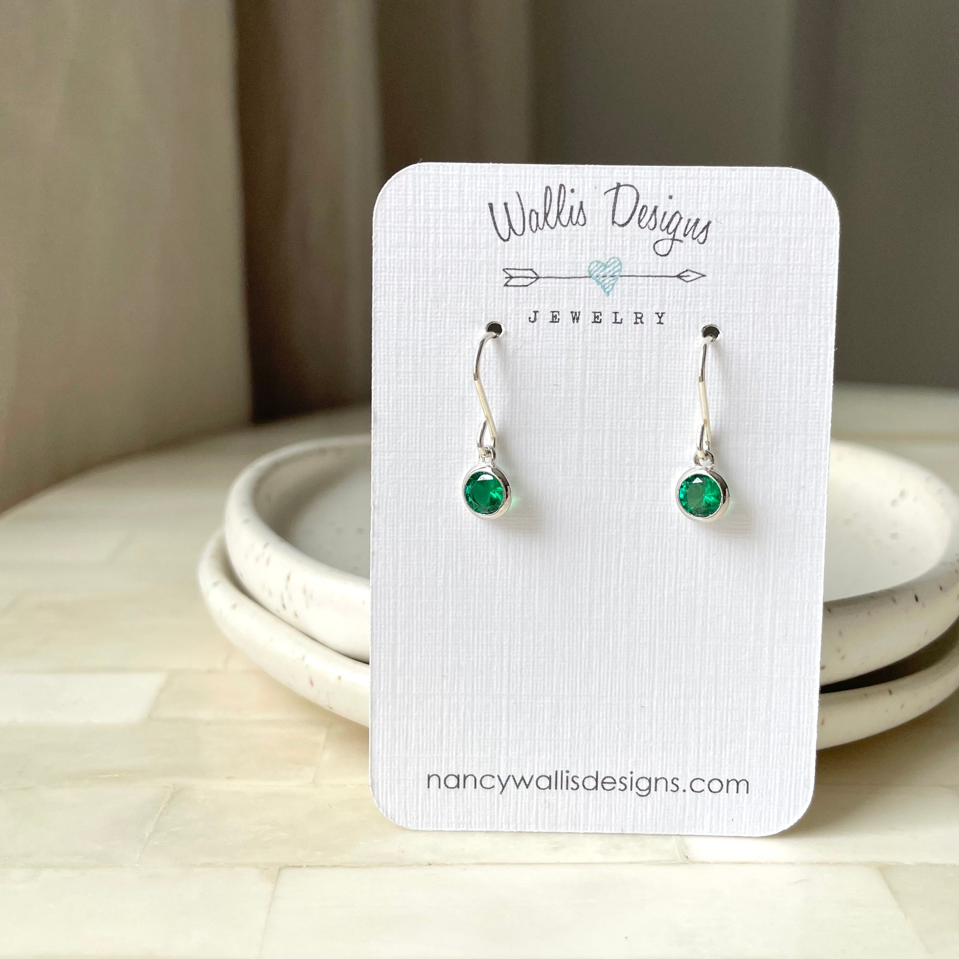 May birthstone earrings. Emerald green colour. Silver and Cubic Zirconia.
