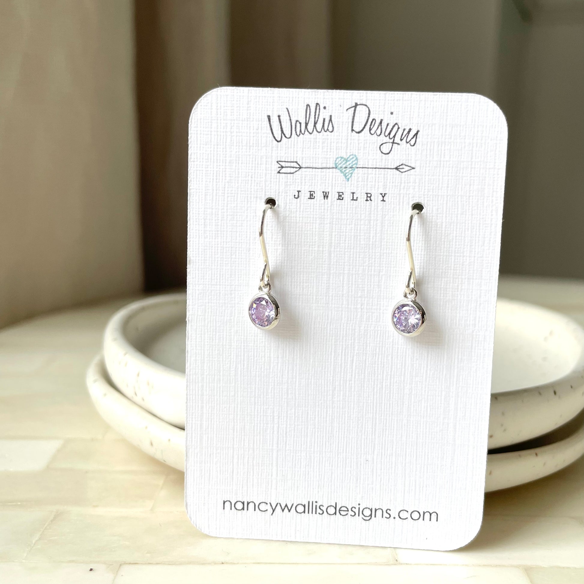 June Birthstone earrings. Alexandrite purple colour. Silver and Cubic Zirconia. Whitby, Ontario.