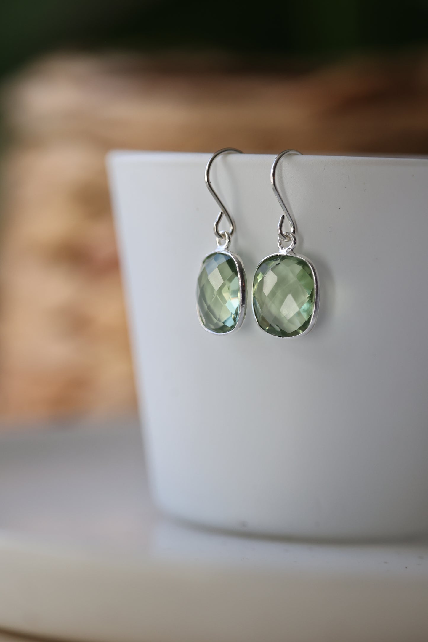 Green Amethyst Octagon Silver Earrings