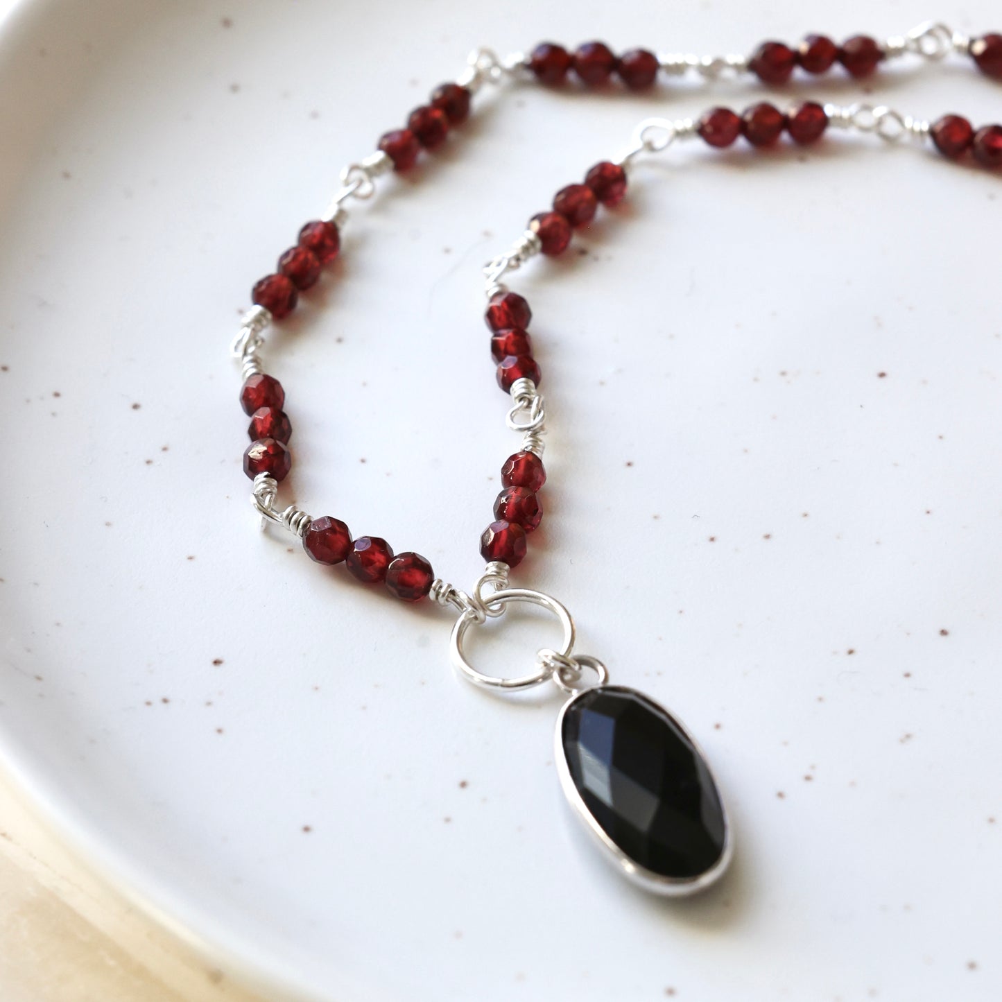 Garnet and Onyx Silver Necklace