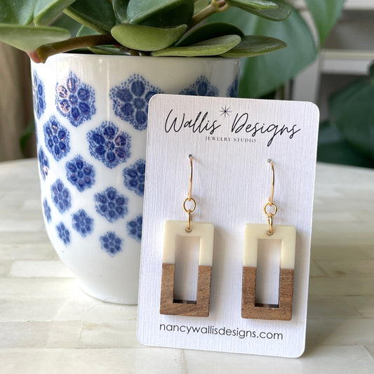 Cream and Wood Rectangular Earrings