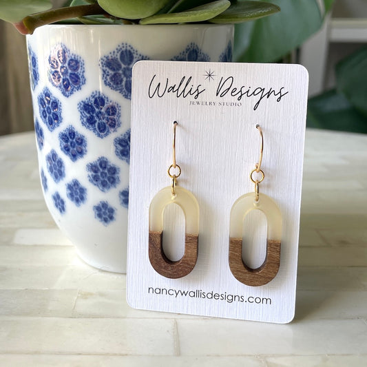 Gold and Wood Oval Earrings