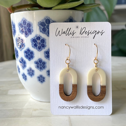 Cream and Wood Oval Earrings