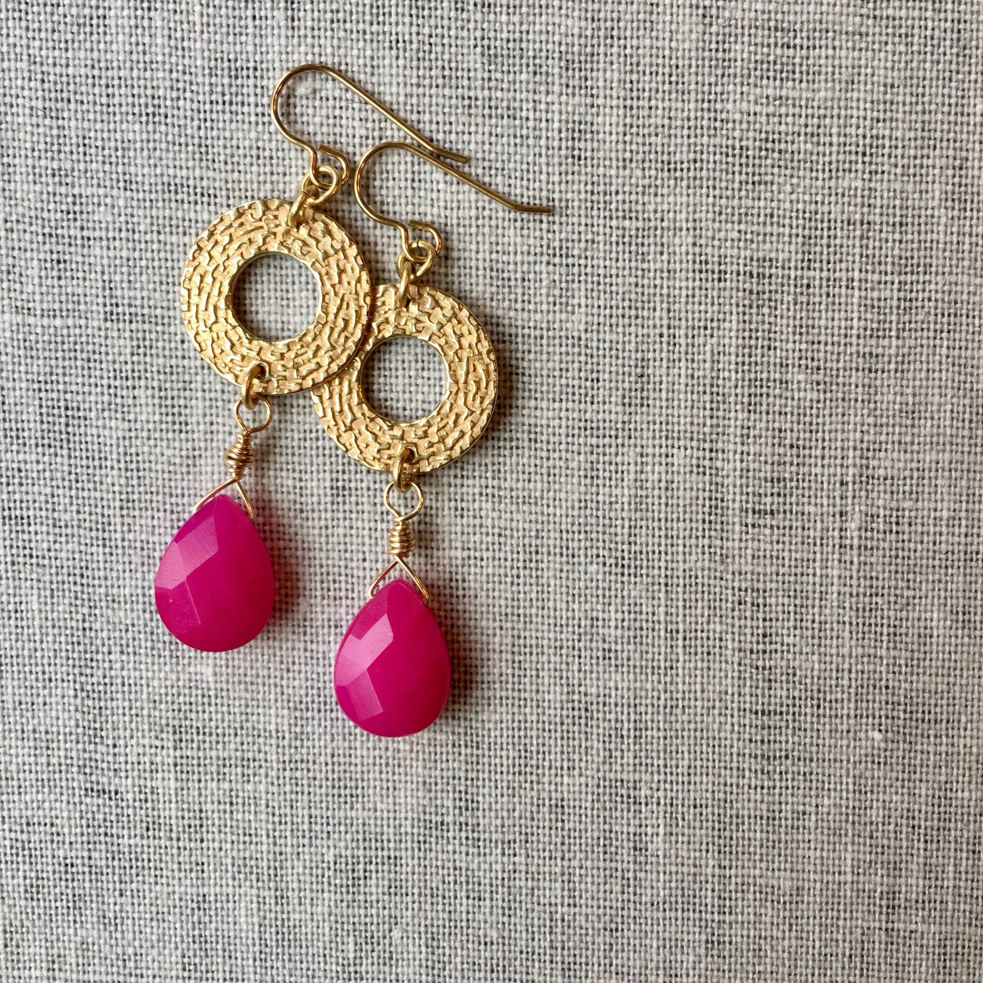 Fuchsia Jade and Brass Statement Earrings by Wallis Designs