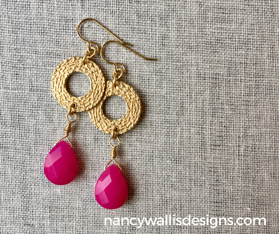 Pink Jade Brass Earrings by Wallis Designs in Canada