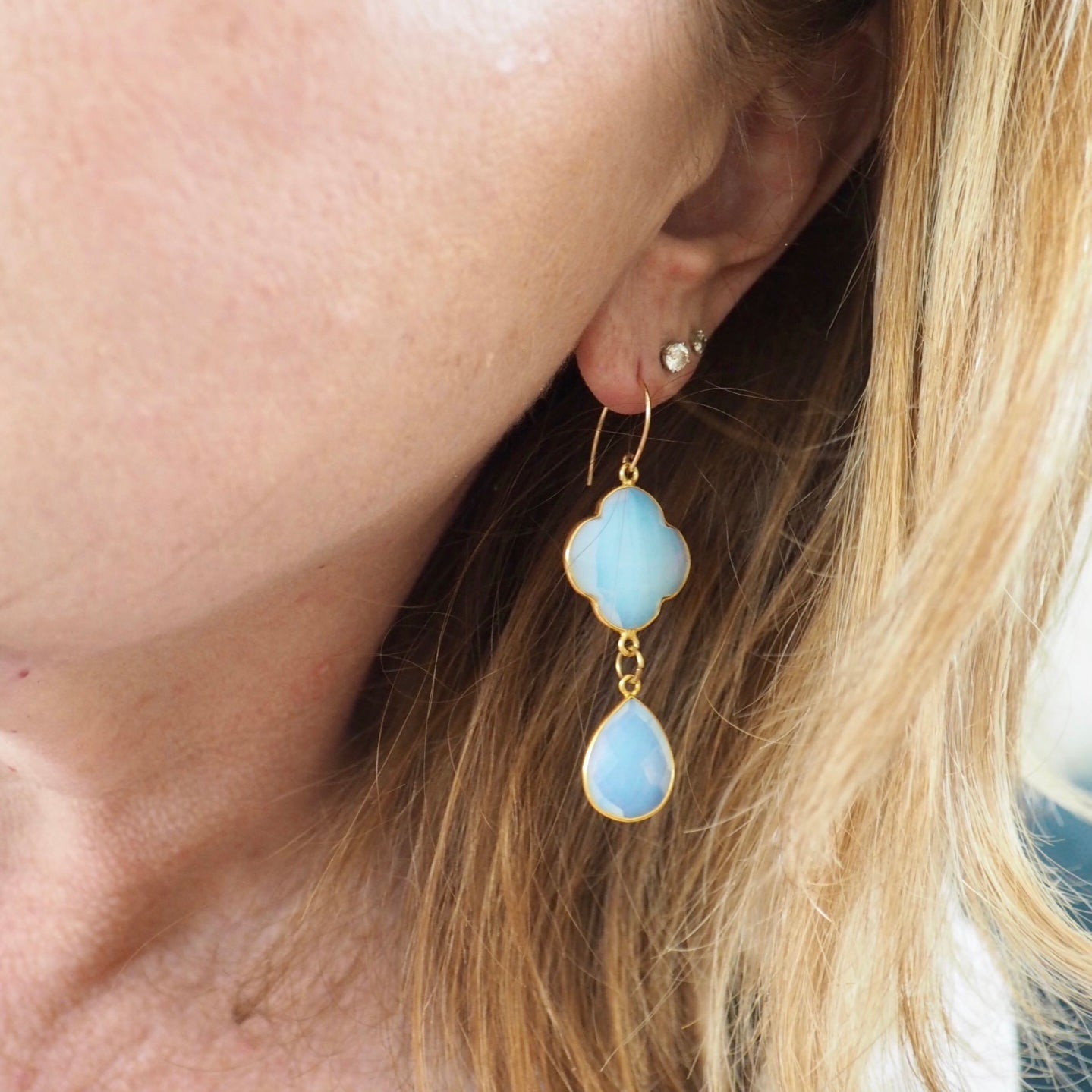 Long Drop Earrings with White Opal Chalcedony Gemstones