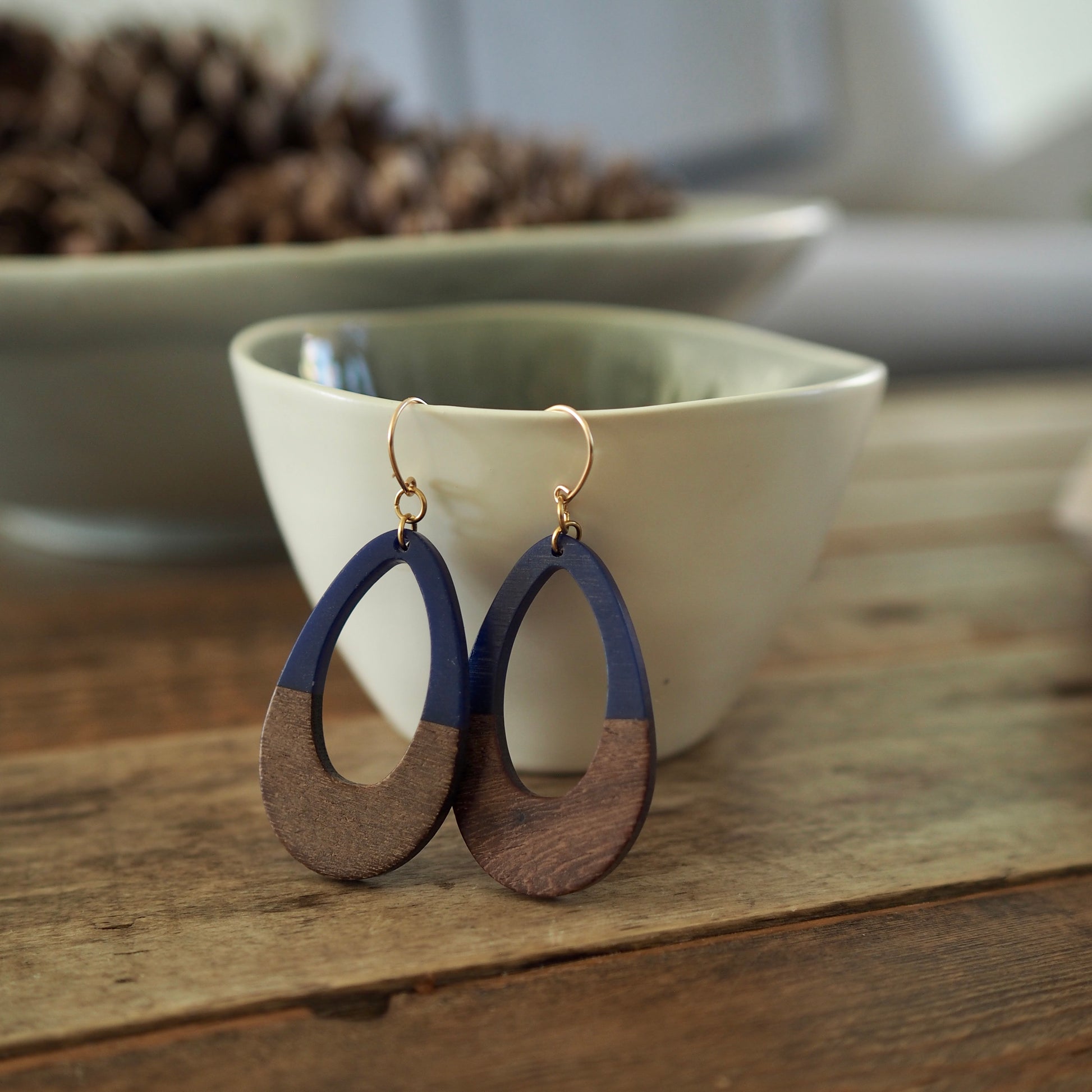 Navy and wood earring with 14K gold filled earwires
