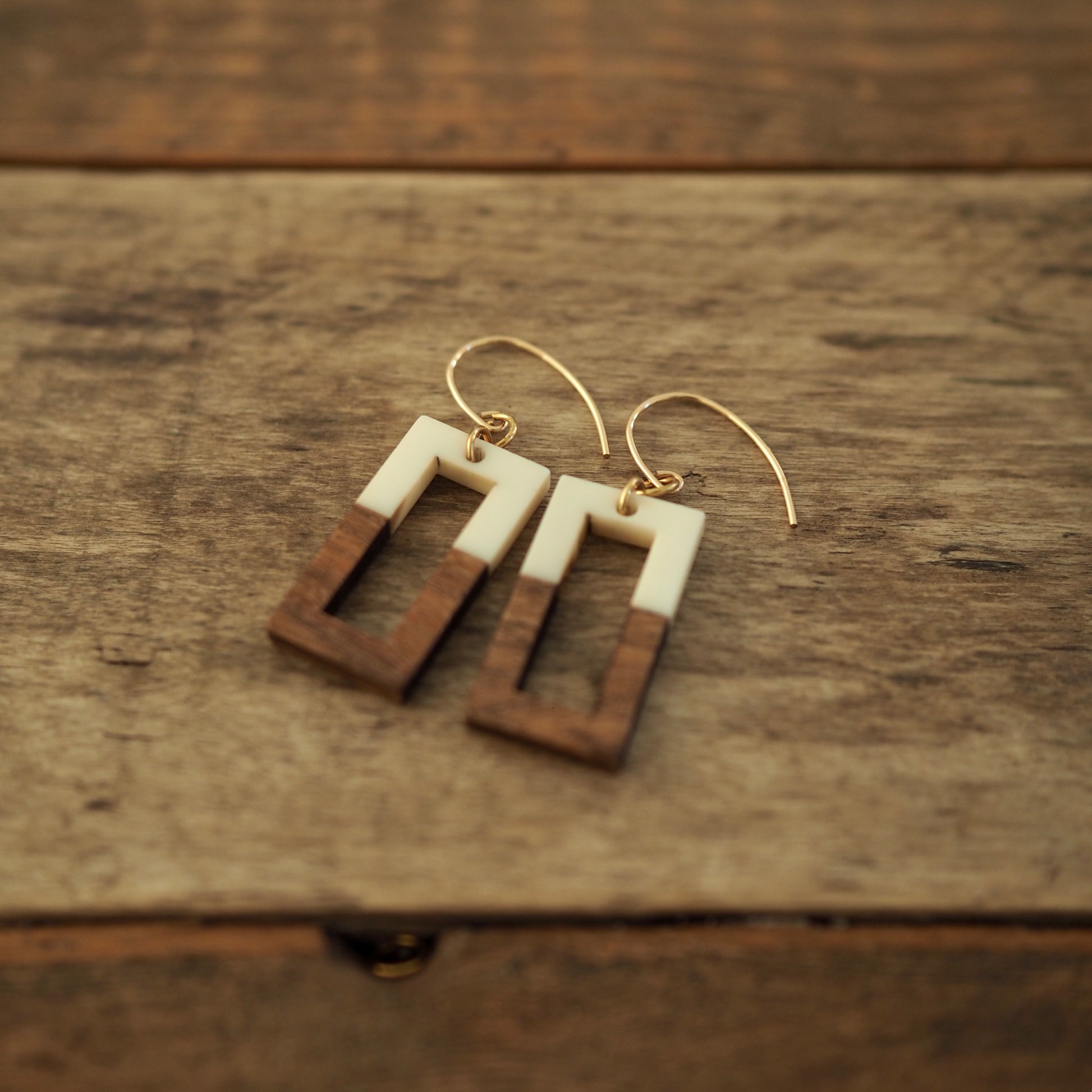 Rectangular wood and resin earrings for fall by Wallis Designs