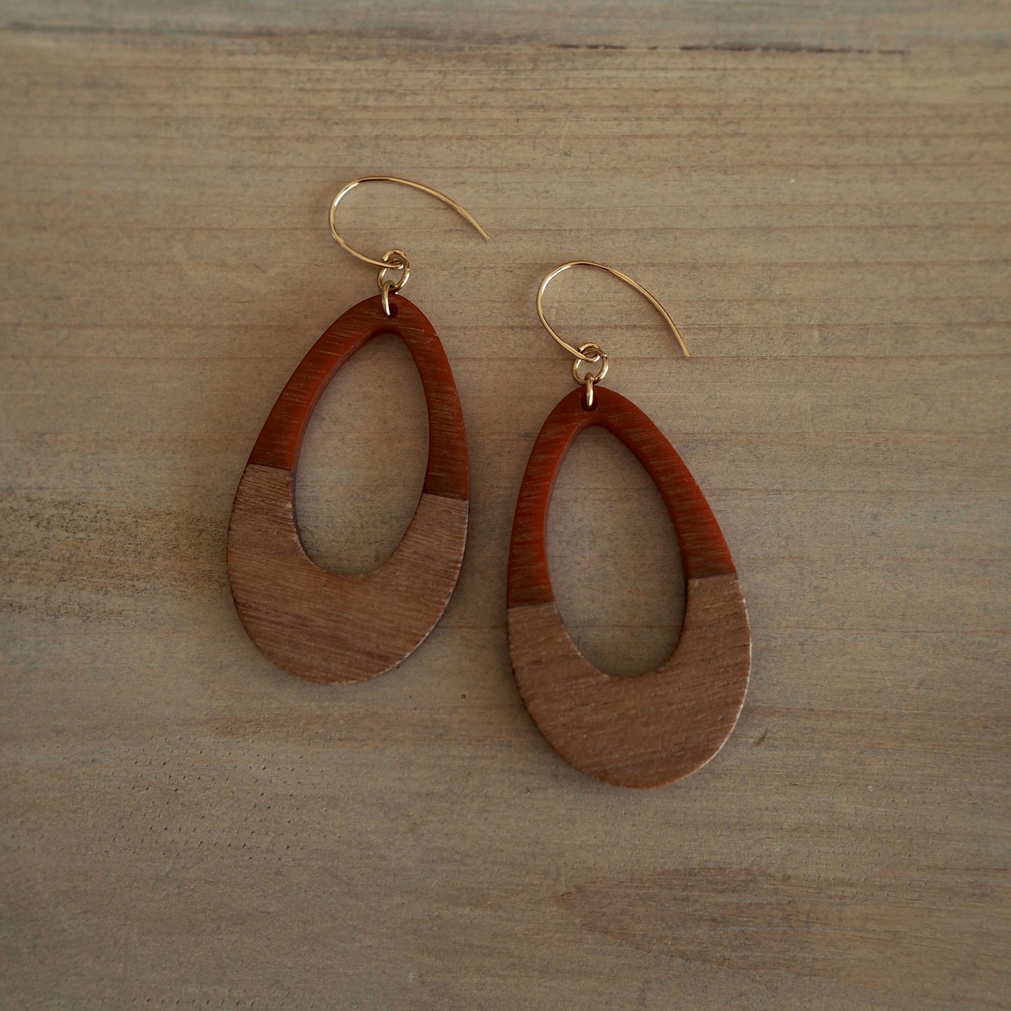 Large Teardrop earrings in rust and wood by Wallis Designs