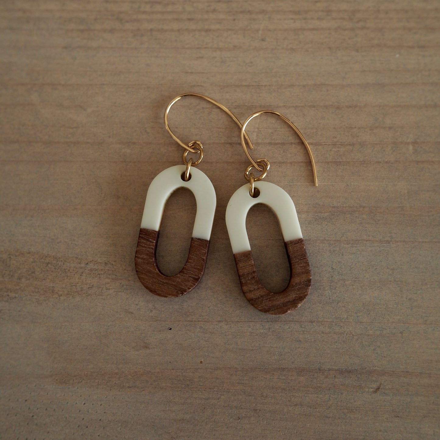 White and Wood Oval Earrings by Nancy Wallis Designs