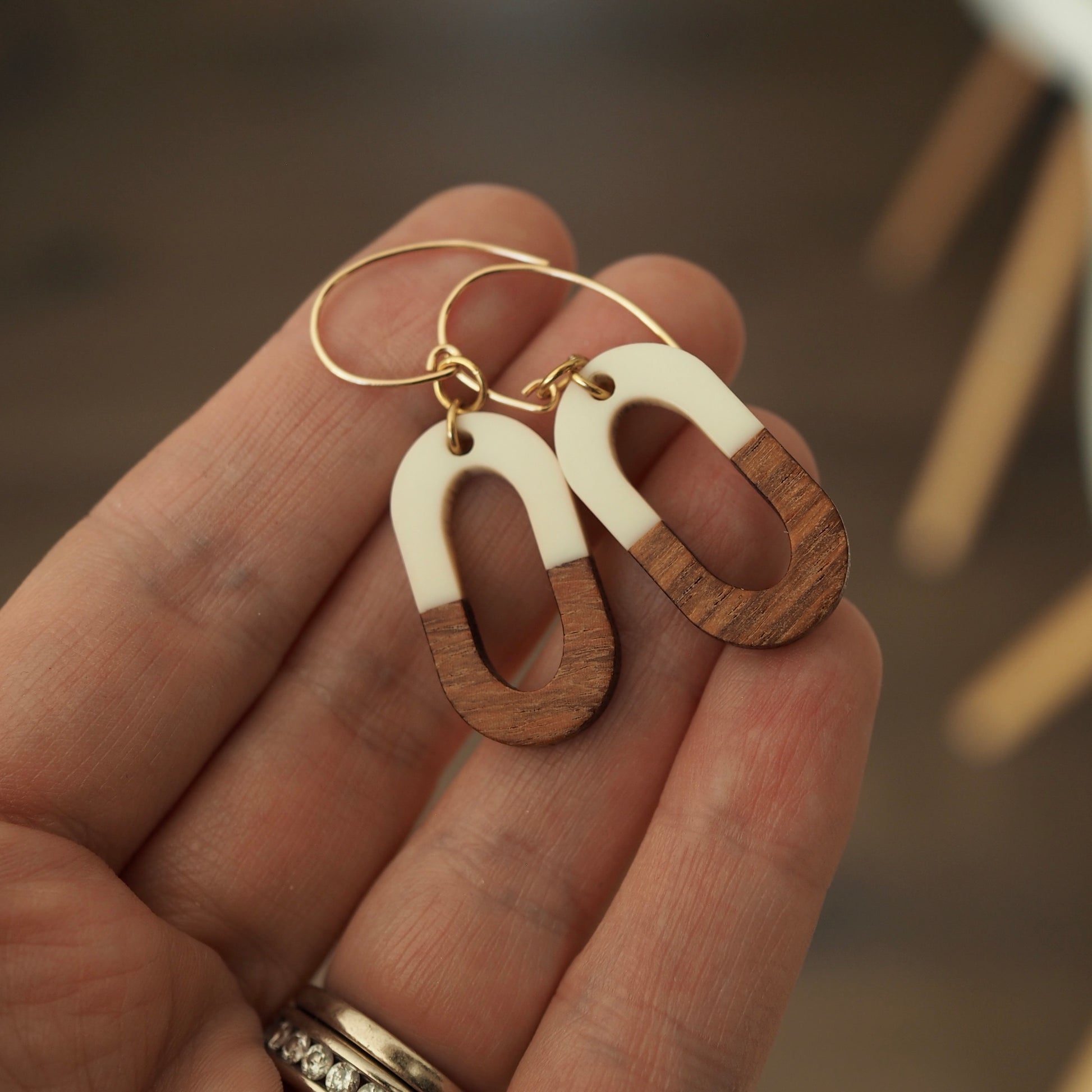 Fall Earrings with wood ovals by Wallis Designs in Canada