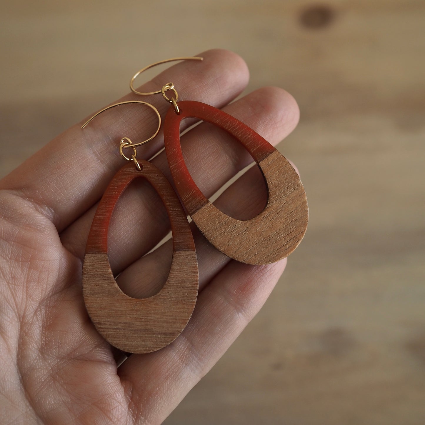 Rust and Wood Teardrop Earrings by Nancy Wallis Designs