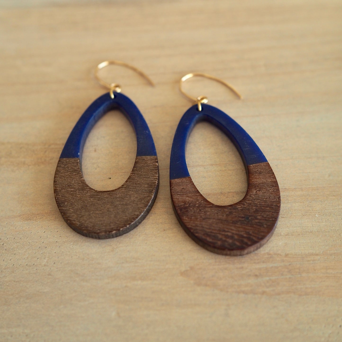 Navy and wood earrings by Nancy Wallis Designs in Canada