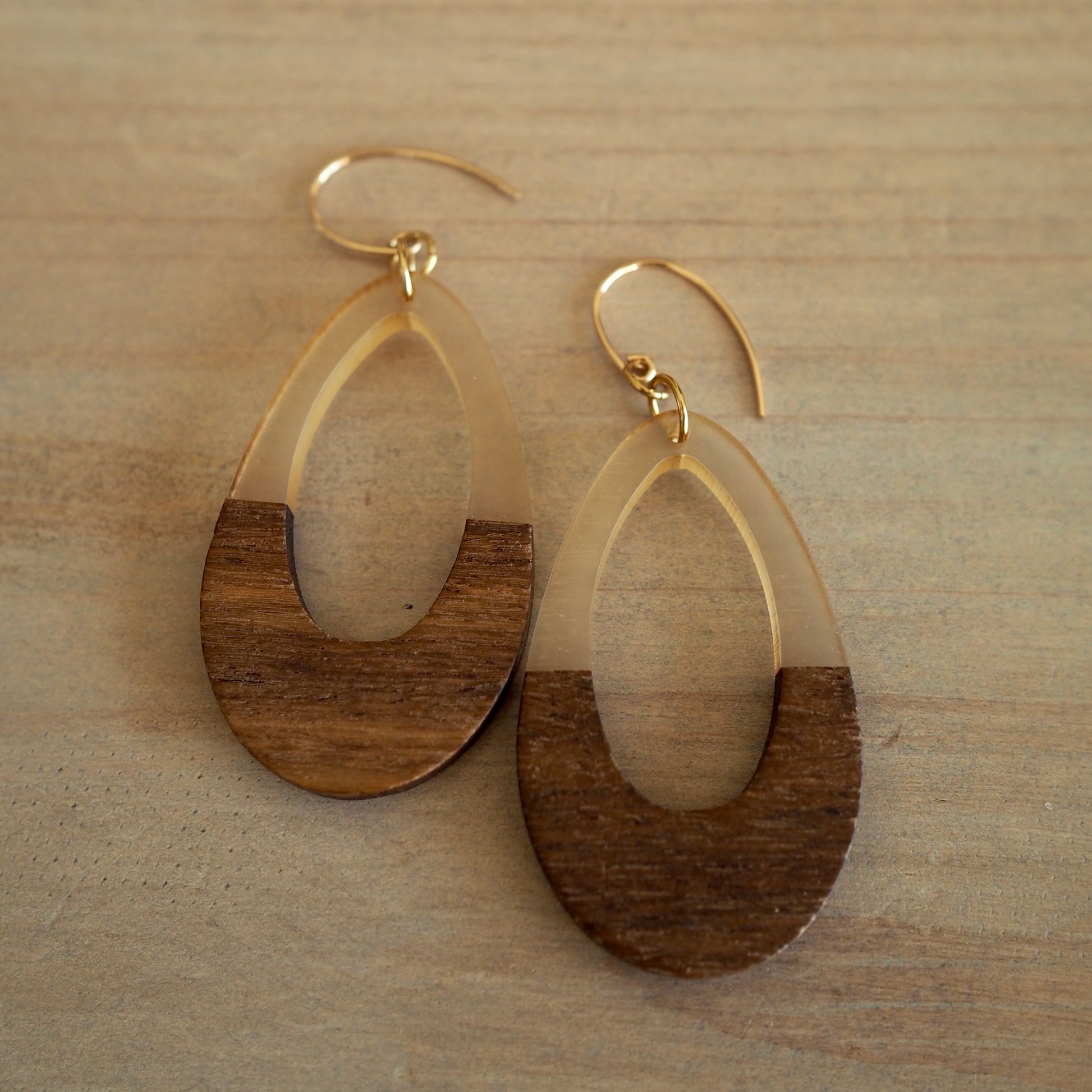 Large Teardrop Earrings with Wood and Resin by Wallis Designs
