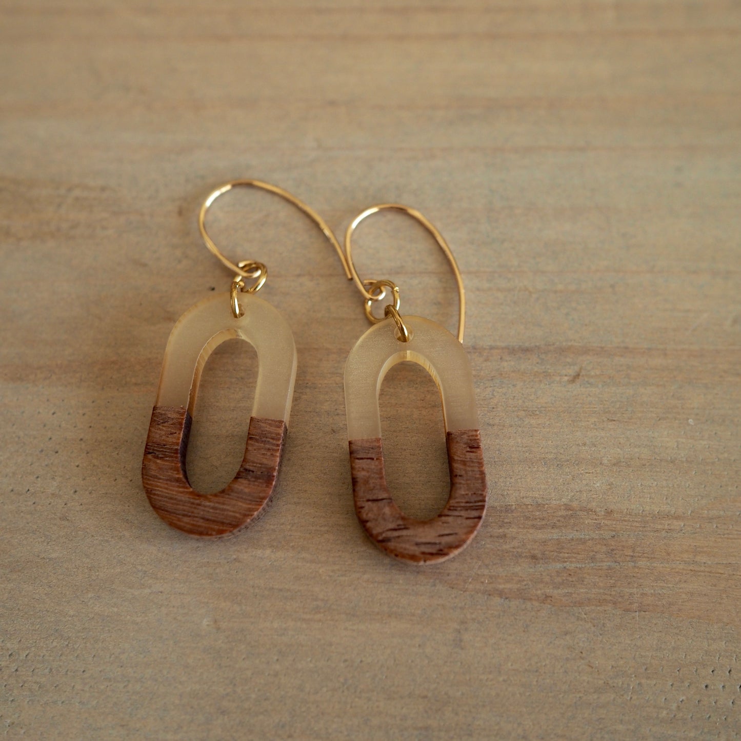 Geometric oval earrings in wood and resin by Wallis Designs