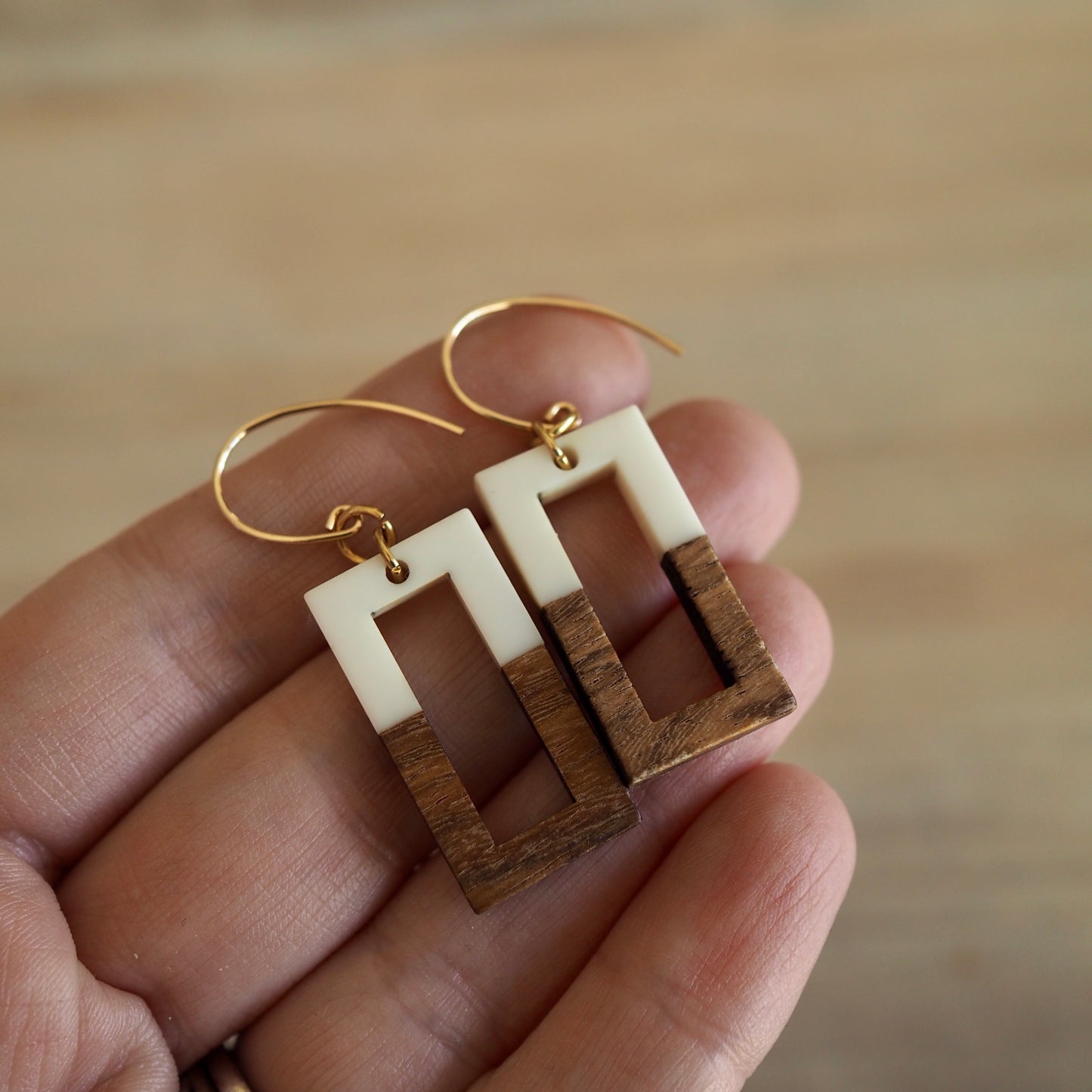 Wood and Resin Rectangle earrings by Nancy Wallis 
