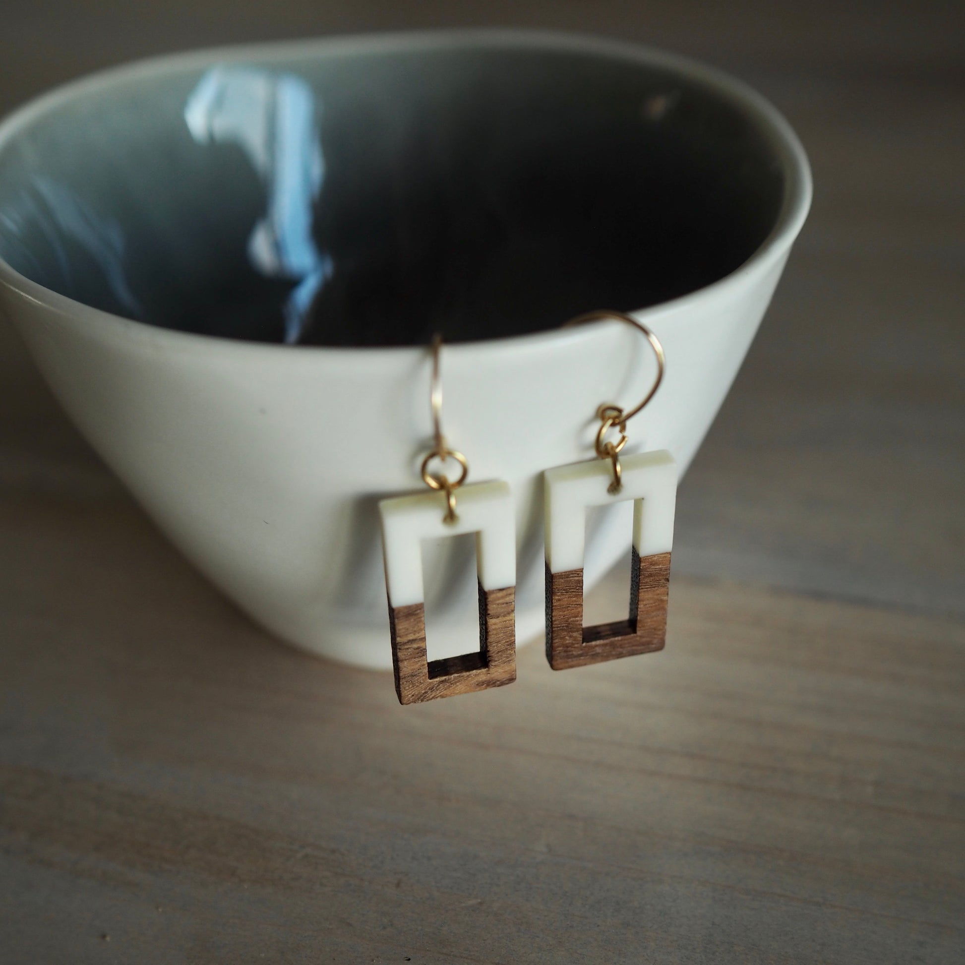 Geometric wood earrings by Nancy Wallis Designs