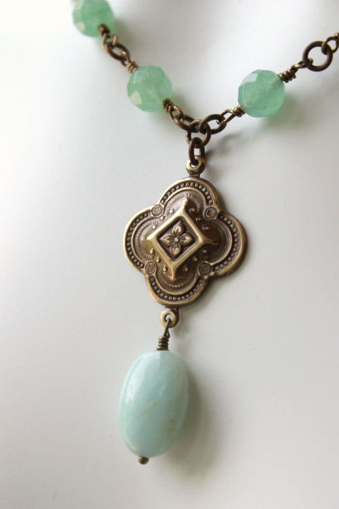 Brass Necklace with Aventurine Green Stone