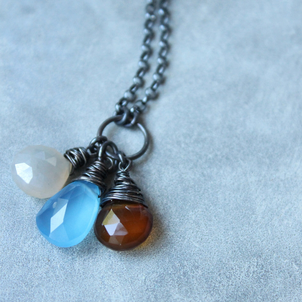 Blue Brown Grey Chalcedony Long Necklace
