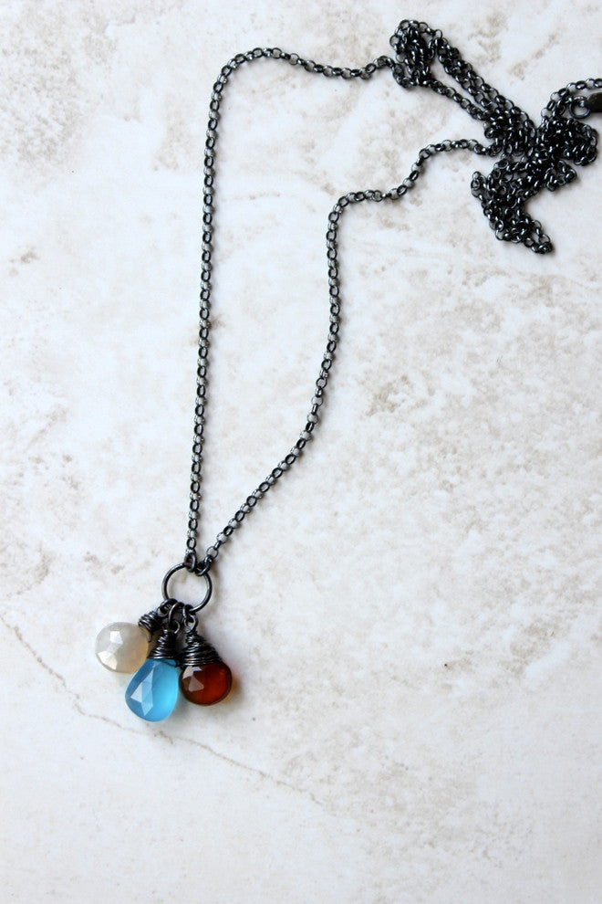 Long Oxidized Silver Necklace and Gemstones