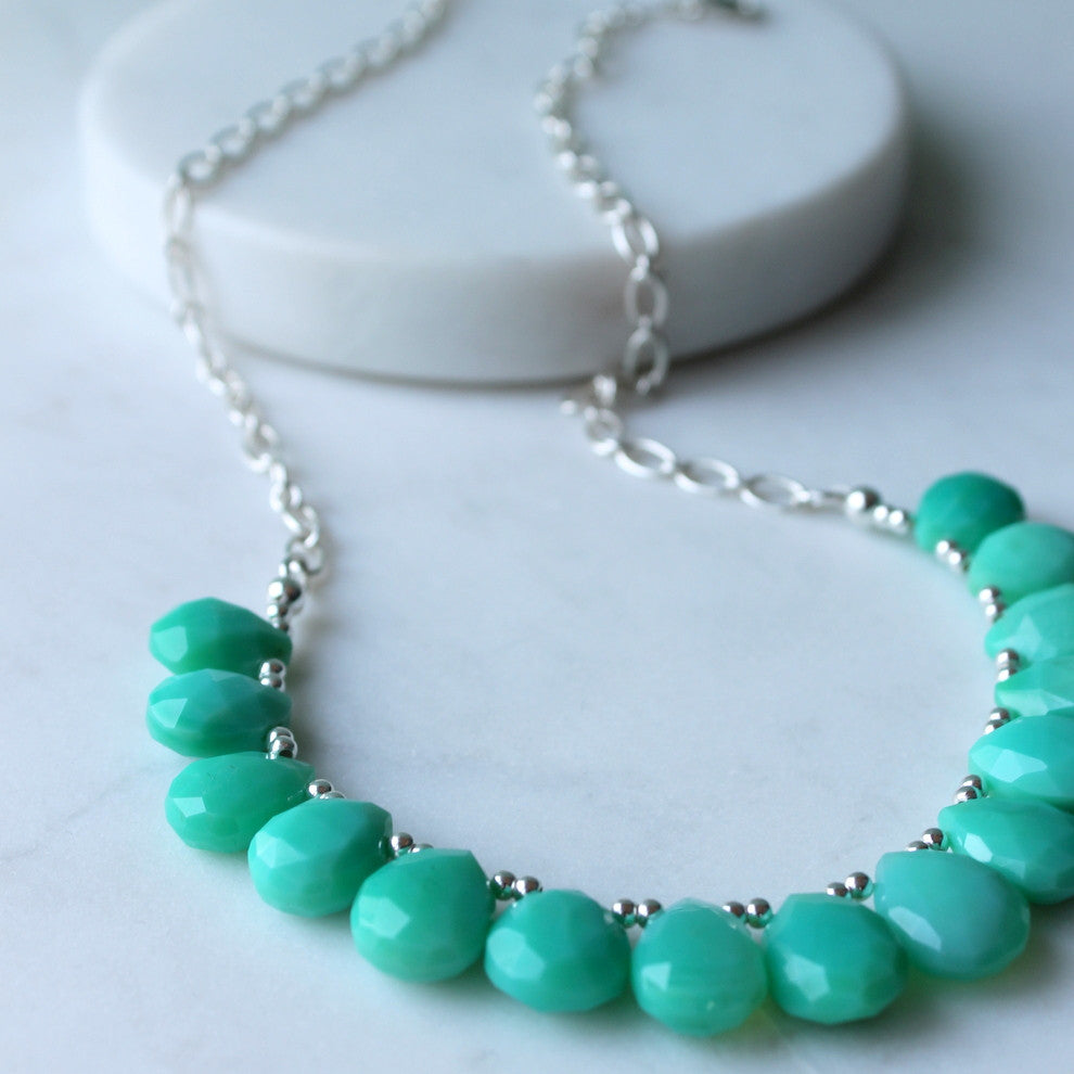 Bib style gemstone necklace with green chrysoprase