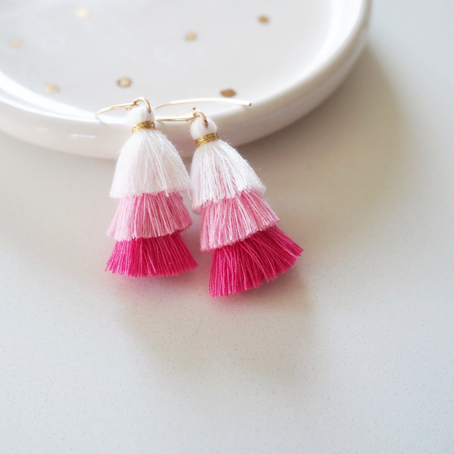 pink tassel earrings with gold earwires