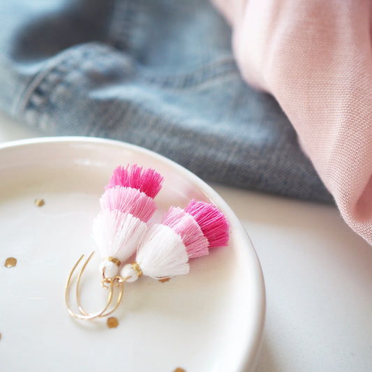 Three Tiered Tassel Earrings - Pink