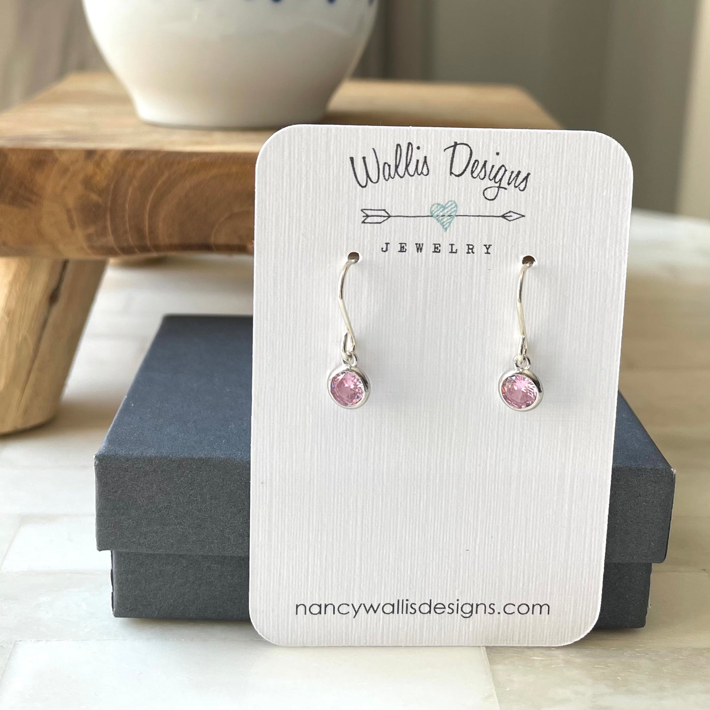 Dainty birthstone earrings. Made in Canada by Wallis Designs. October birthstone earrings.