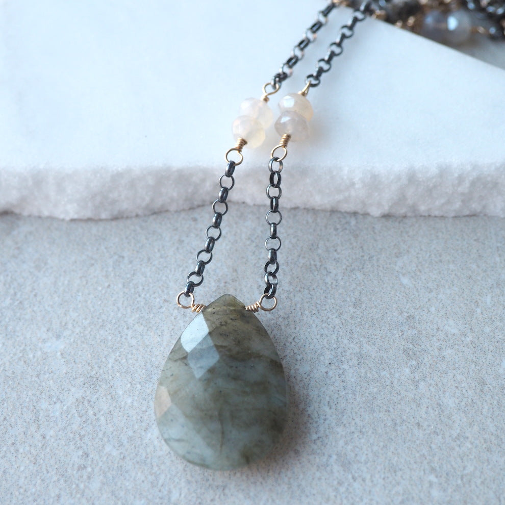 Labradorite Gemstone Necklace with Oxidized Sterling Silver