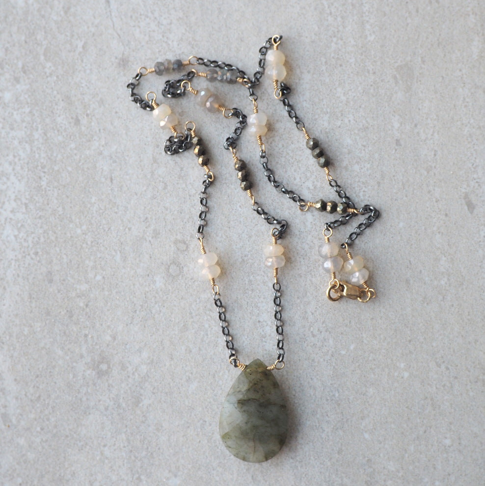 Mixed Metal gemstone necklace oxidized silver and 14K gold filled