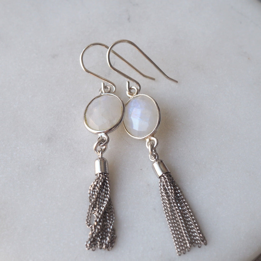 Silver Tassel Earrings with Moonstone by Wallis Designs