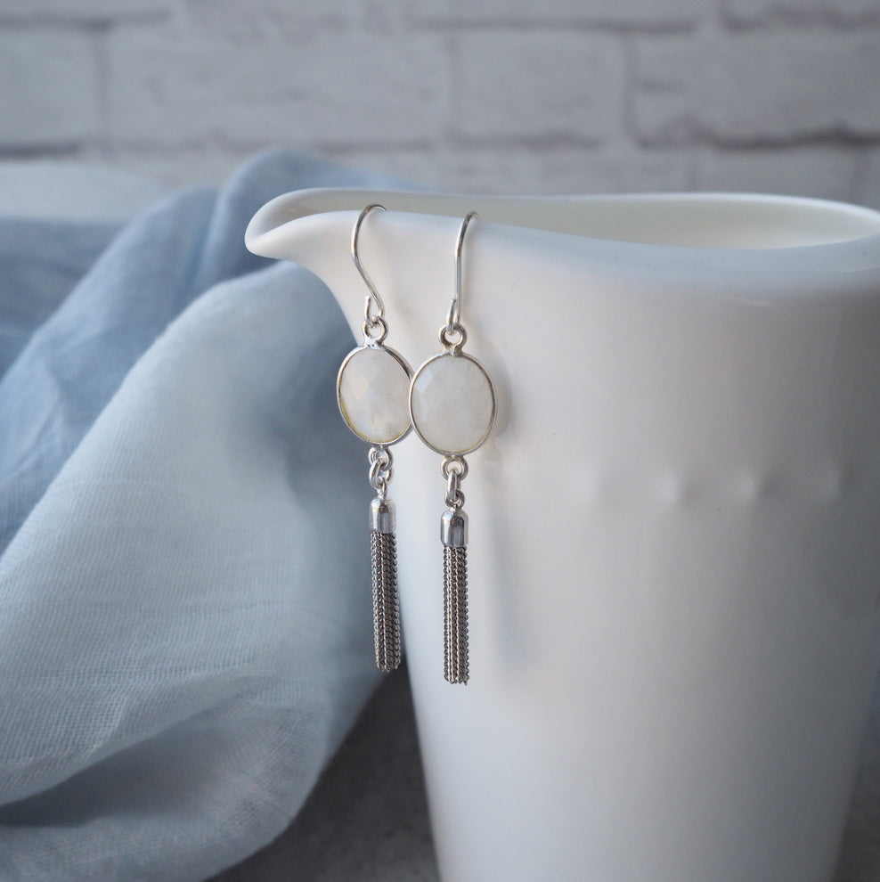Moonstone and Silver Tassel Earrings by Wallis Designs