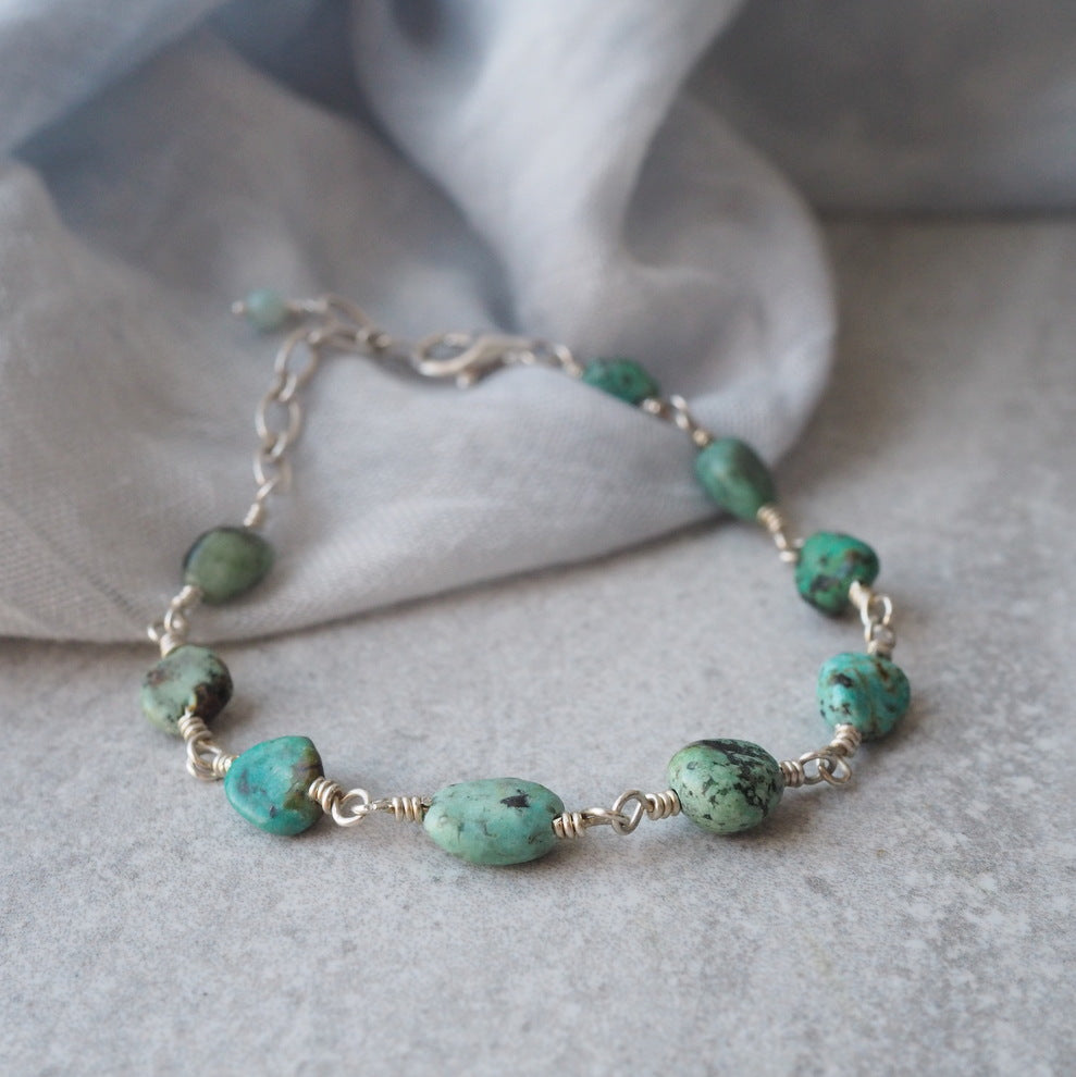 Turquoise Stone Beaded Chain Silver Bracelet