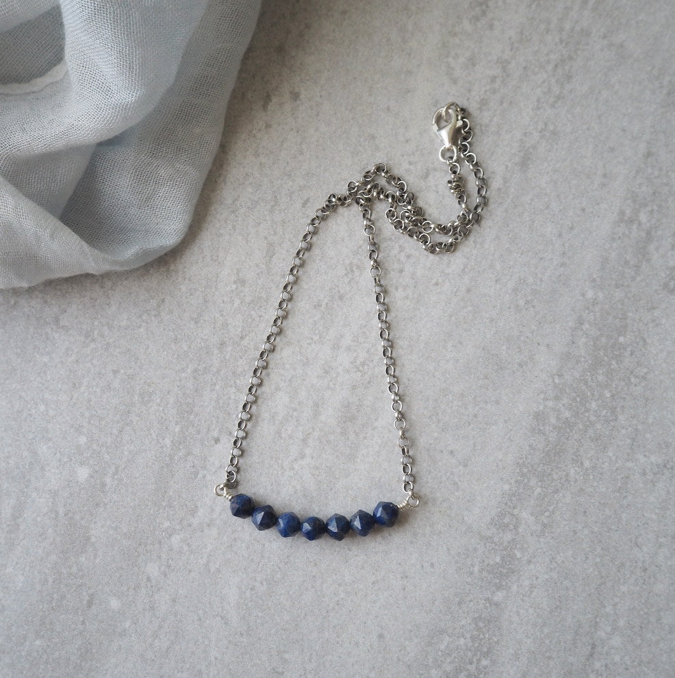Dark Blue Gemstone Bar Necklace with Oxidized Sterling Silver