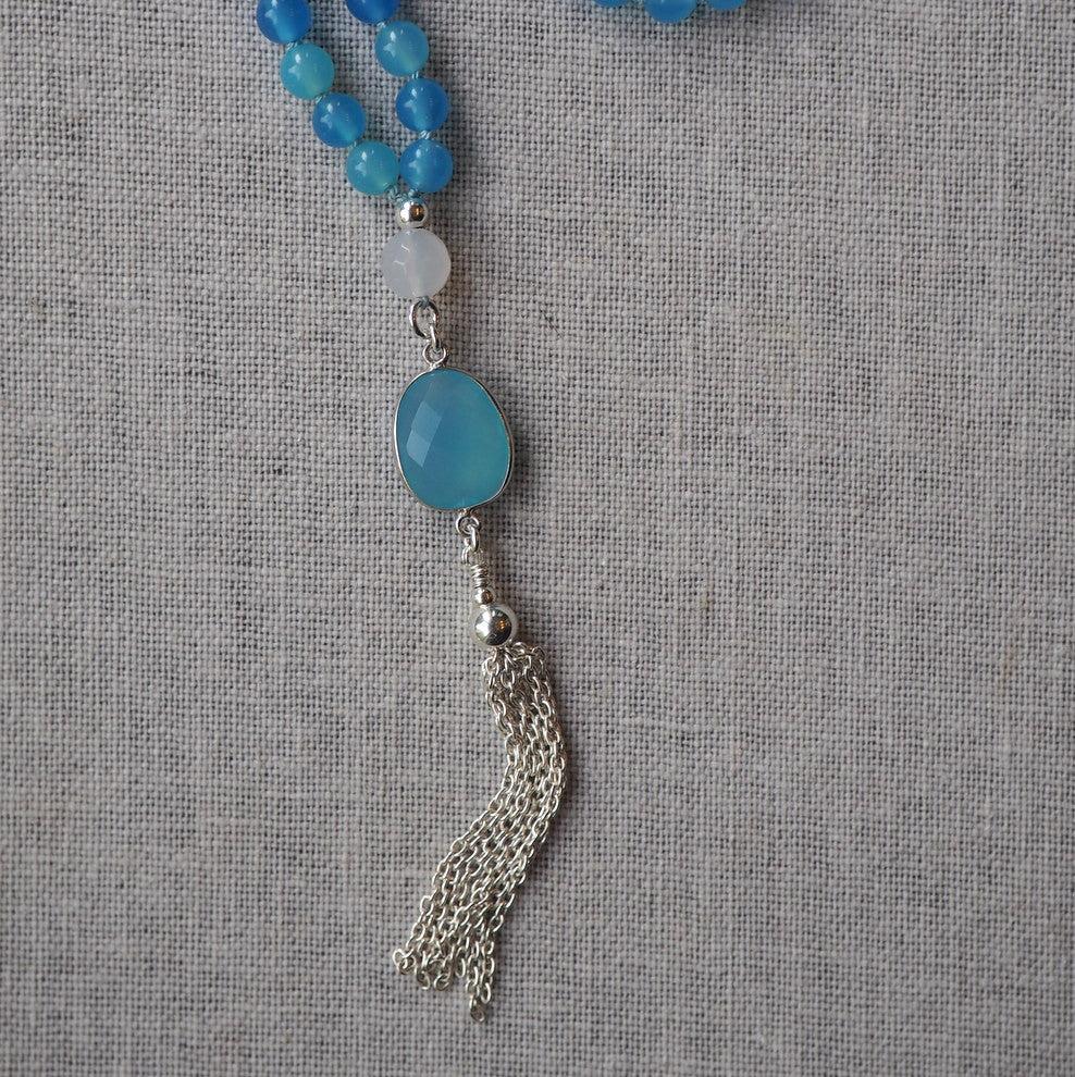 Blue Agate Mala Necklace with Silver Tassel by Wallis Designs