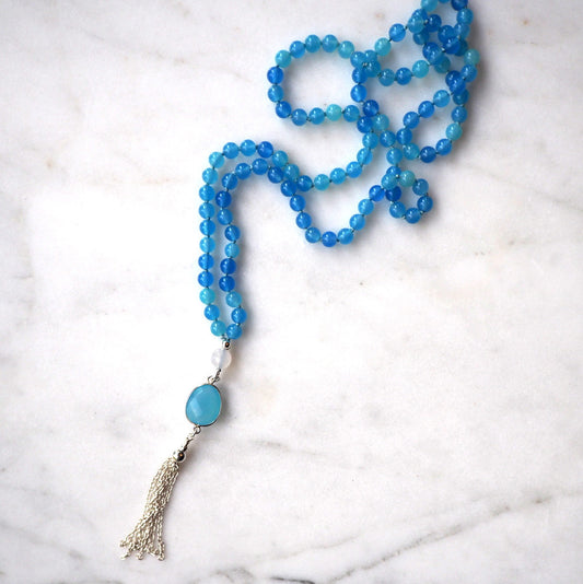 Blue Agate Mala Necklace with Tassel made in Canada
