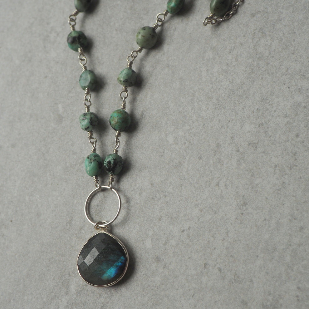 Sterling Silver Gemstone Necklace with Labradorite and Turquoise