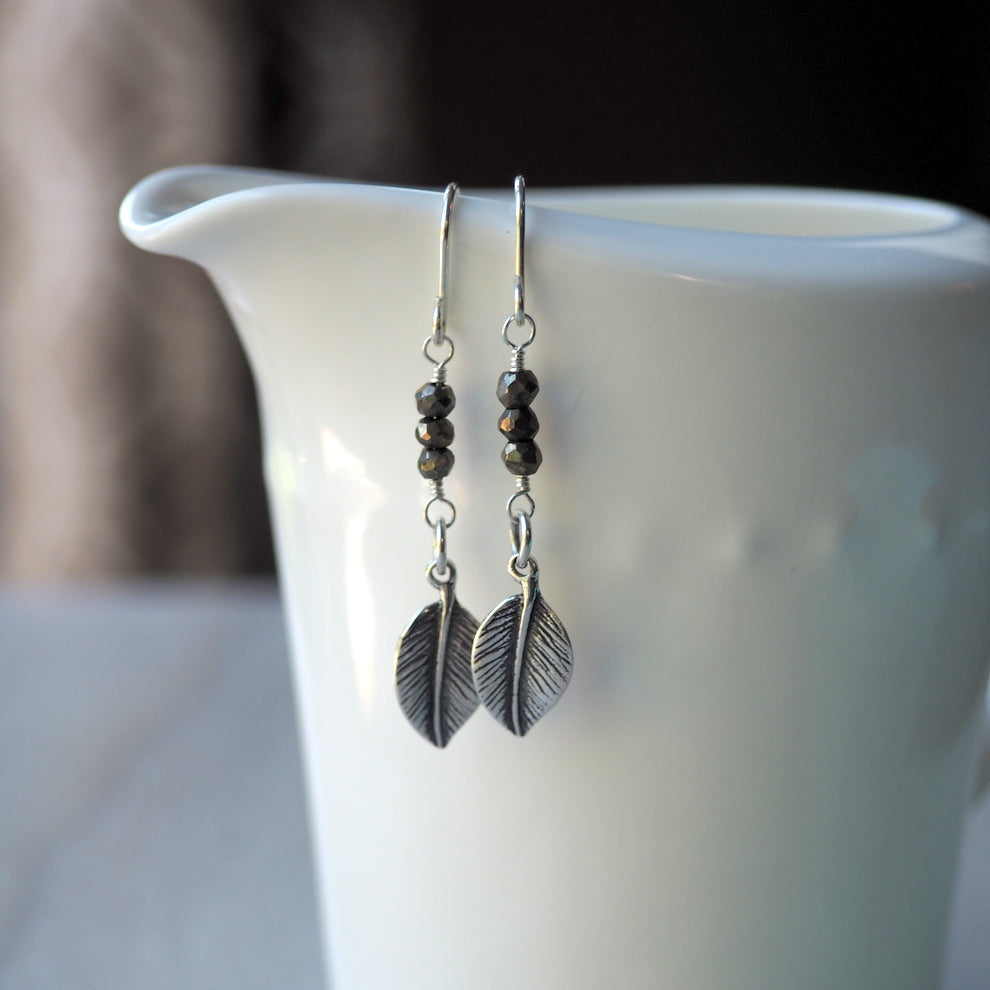 Sterling Silver Earrings with Silver Leaf and Pyrite Gemstones