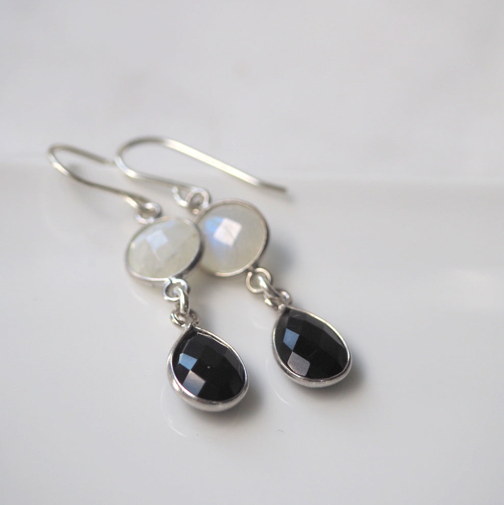 Moonstone and Black Onyx Sterling Silver Earrings