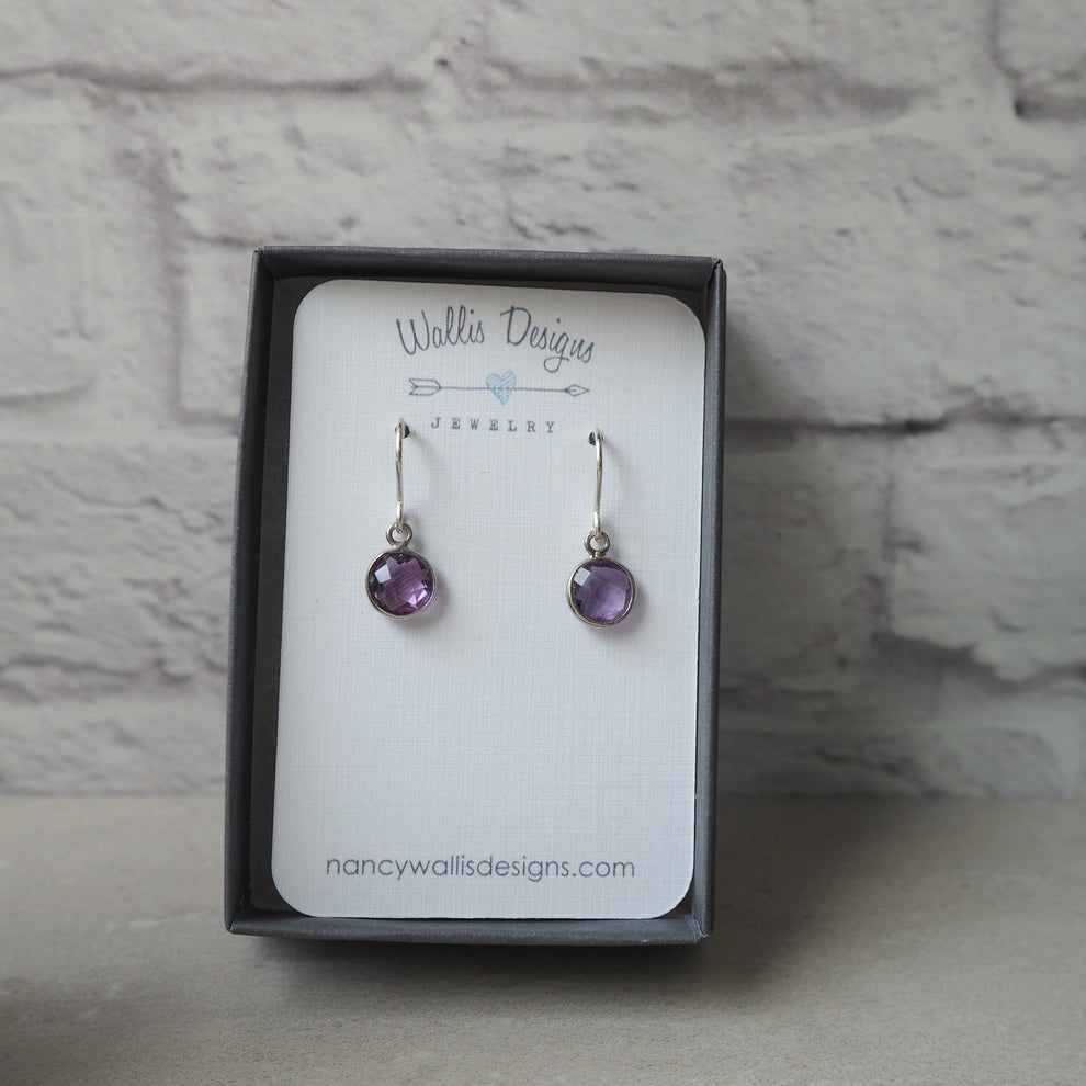 Short purple gemstone earrings with amethyst and silver