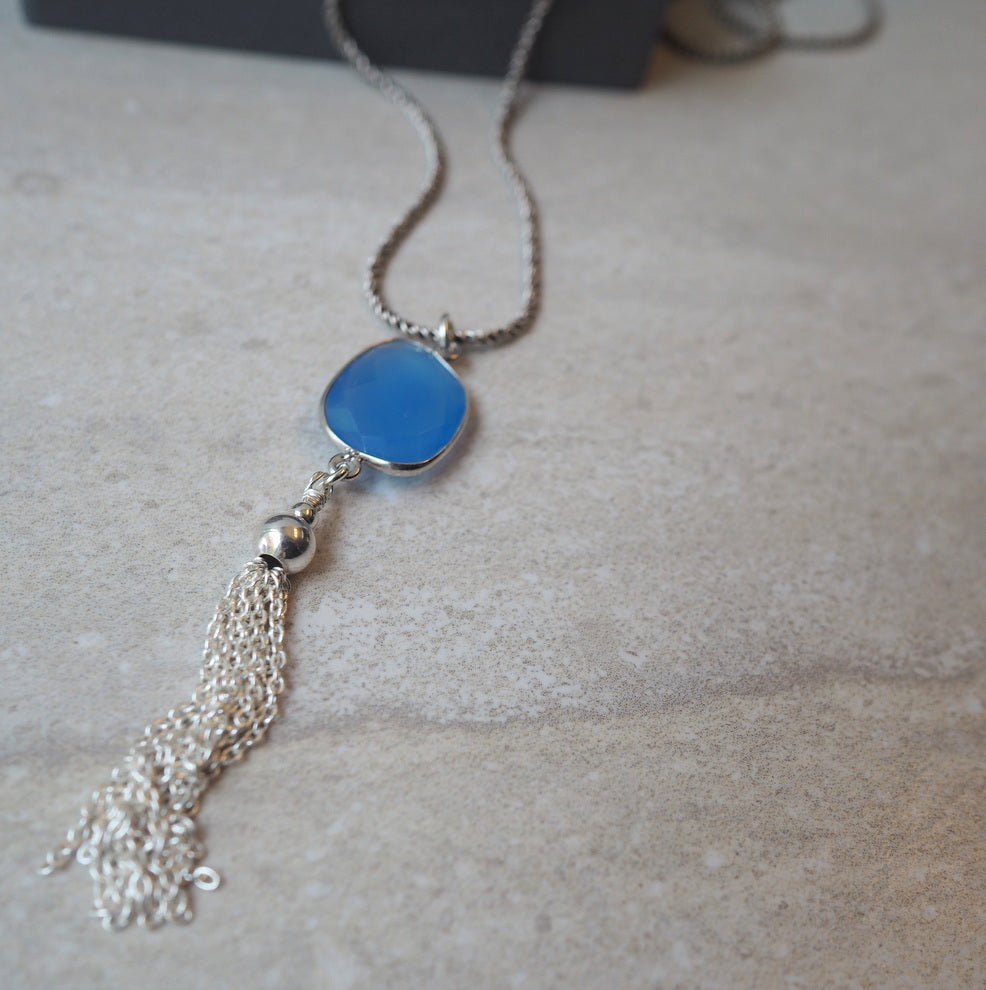 Blue Chalcedony Pendant on Long Silver Chain