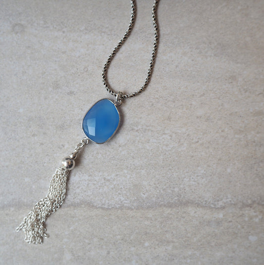 Blue Chalcedony Gemstone Long Necklace and Tassel
