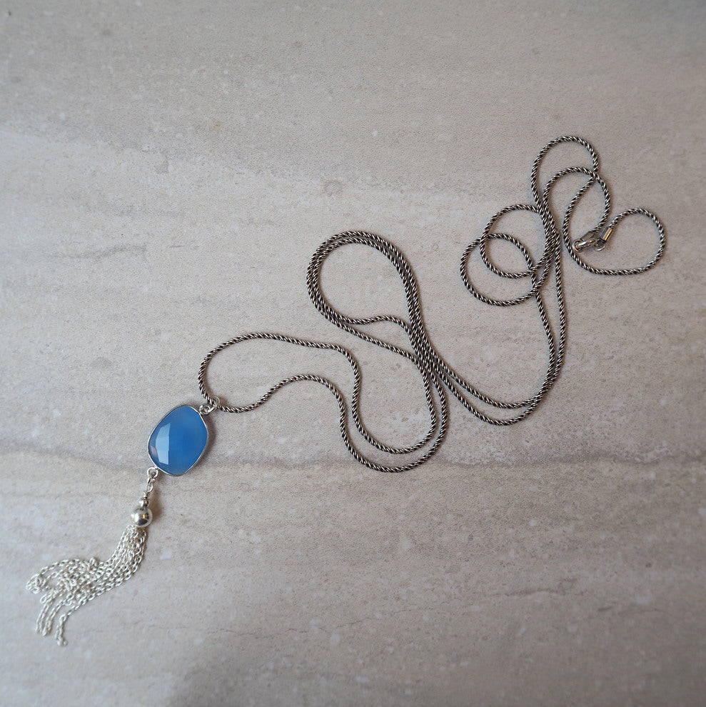 Blue Gemstone Necklace with Sterling Silver Tassel