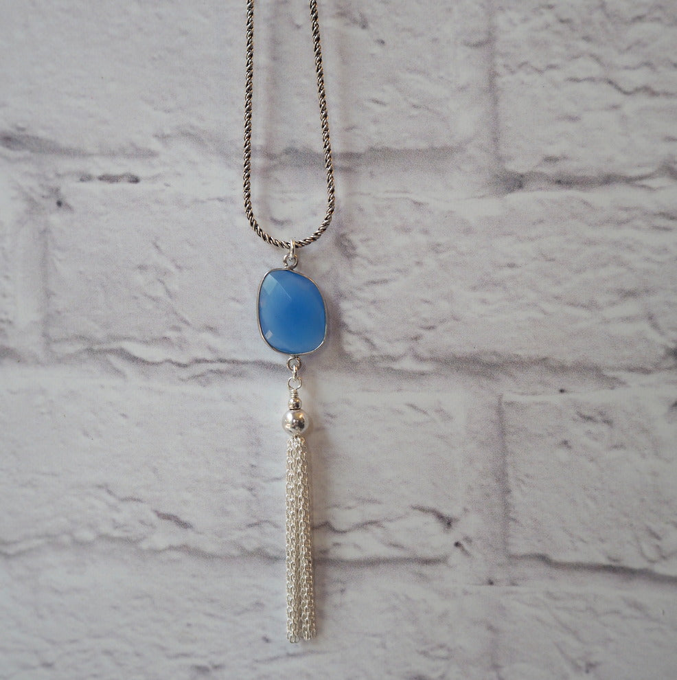 Gemstone and Tassel Pendant on Long Silver Chain